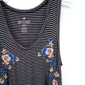 ⭐3/$30 AEO Soft & Sexy Tank Black White Striped Floral Embroidery Viscose  S